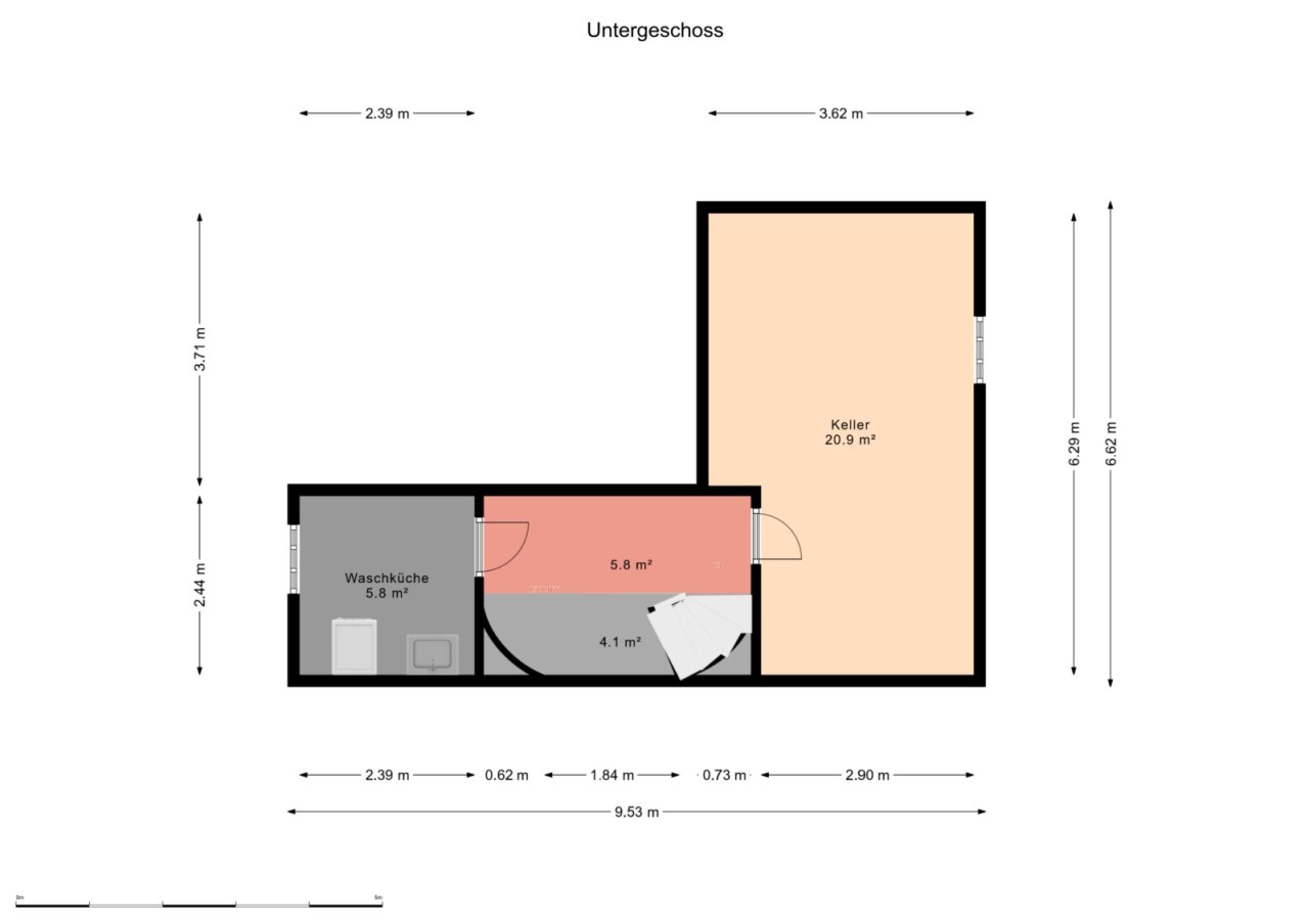 Untergeschoss mit praktischer Aufteilung: Keller, Waschküche und Technikraum